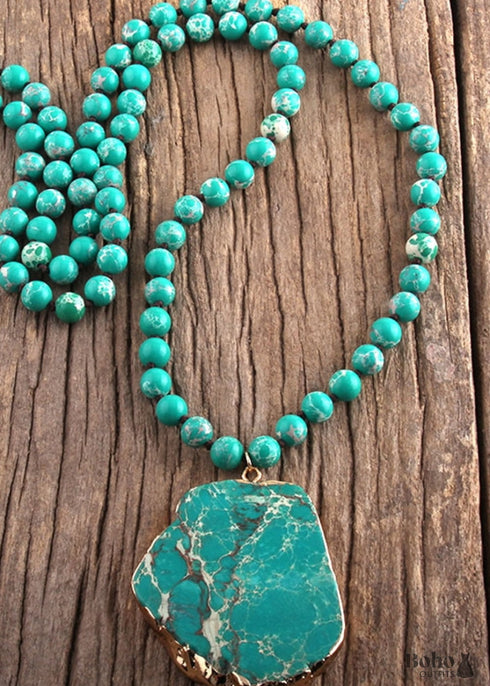 Boho Necklace, RH Turquoise Natural Stone in Blue and Green